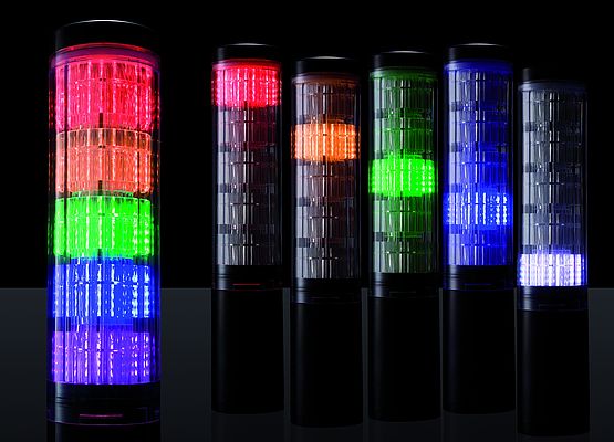 Der Signalturm LA6 mit über 4000 Farben: Speziallinsen für eine gute Sichtbarkeit der Blinksignale, eine USB-Schnittstelle für den Download der Programmiersoftware, das wasserfeste Sound-Modul im Leuchtenfuß und den Lautstärkeregler im Leuchtenkopf