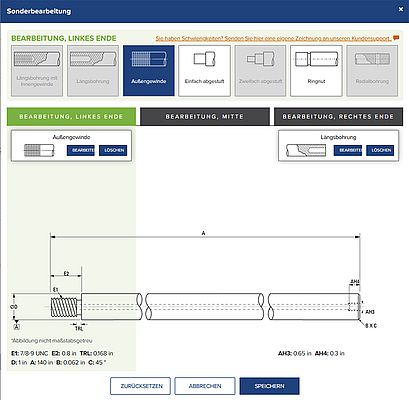 In Online-Konfiguratoren können Ingenieure die Form der Wellenenden, Lochmuster, Nuten und weitere Wellendetails festlegen, während sich Maßbeschriftungen und Toleranzgrenzen in Echtzeit aktualisieren. Abbildung: Thomson Industries In Online-Konfiguratoren können Ingenieure die Form der Wellenenden, Lochmuster, Nuten und weitere Wellendetails festlegen, während sich Maßbeschriftungen und Toleranzgrenzen in Echtzeit aktualisieren. Abbildung: Thomson Industries