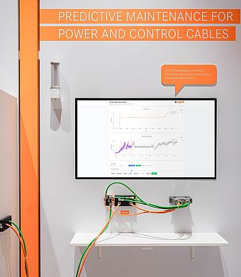 Demonstrator für die zustandsabhängige Überwachung für Energie- und Steuerleitungen am LAPP Messestand. Rückmeldungen aus der Praxis sind von Anfang an wichtig für die Entwicklung. Bild: LAPP Demonstrator für die zustandsabhängige Überwachung für Energie- und Steuerleitungen am LAPP Messestand. Rückmeldungen aus der Praxis sind von Anfang an wichtig für die Entwicklung. Bild: LAPP