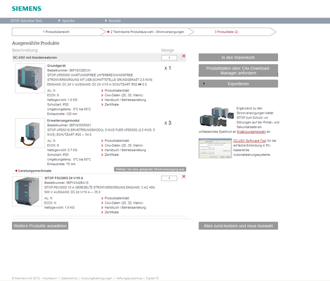 Components that are copied into the product list can then be transferred directly to the shopping cart of the Siemens Industry Mall or exported as a PDF or Excel file. Detailed product information can be requested by means of the CAx Download Manager.