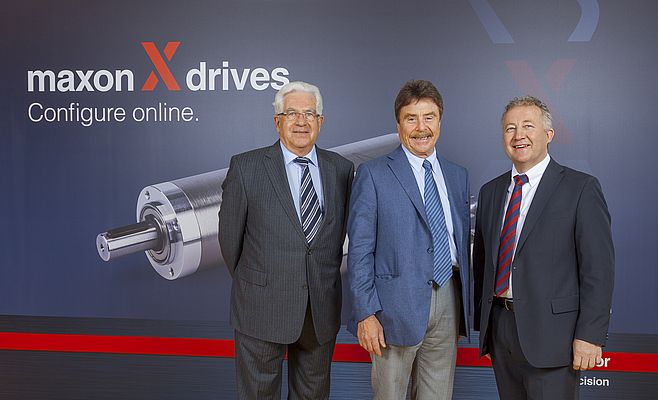 From the left to the right: Jürgen Mayer (Chairman of the Board of Directors), Dr. Karl-Walter Braun (Majority Shareholder of maxon motor ag), Eugen Elmiger (CEO)