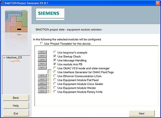 Project generator selection screen form for the base functionality and standardized equipment modules