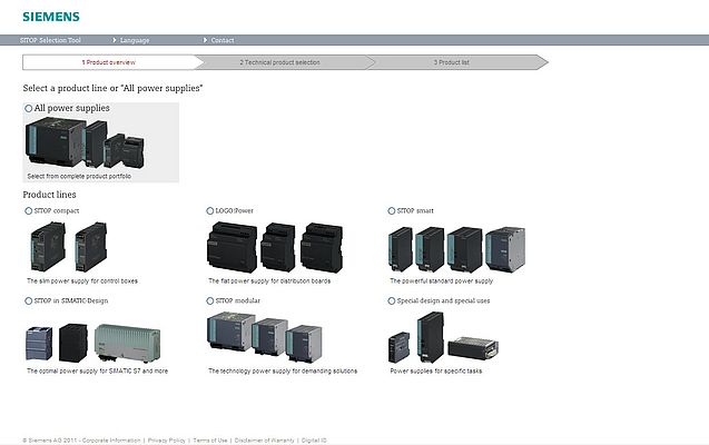 Easy and intuitive from the start: Home page of the SITOP Selection Tool by Siemens (www.siemens.com/sitop-selection-tool) for the fast selection and ordering of SITOP power supplies
