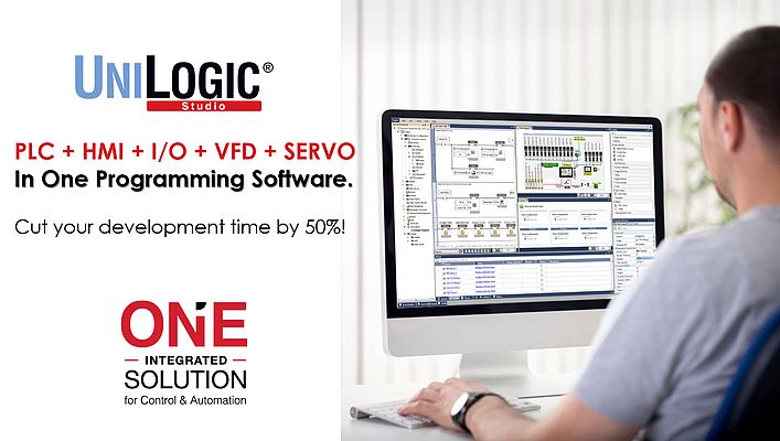 UniLogic®: Slash your Programming Time with All-in-One software for PLC, HMI, VFDs, I/Os & Servo