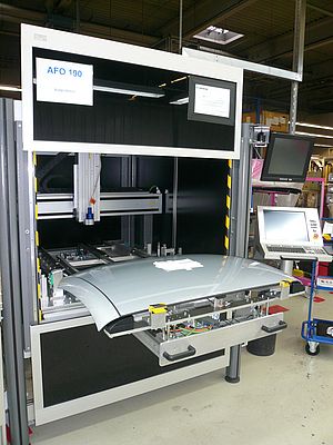 A test stand of global automotive supplier Inteva Products at their Gifhorn/Wolfsburg factory in Germany: The production network is sealed off to prevent uncontrolled external connections.