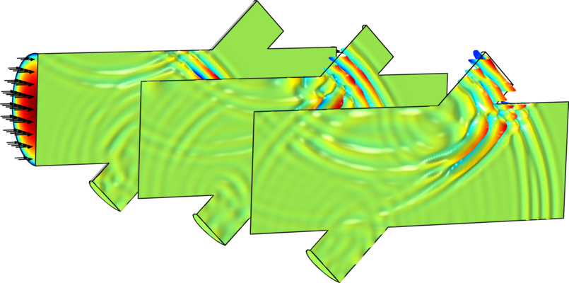 Simulazione numerica con COMSOL® di un flussimetro a ultrasuoni intrusivo. Viene mostrato il segnale a ultrasuoni che si propaga nel dispositivo a differenti step temporali