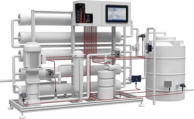 A classic RO system as a compact skid-mounted solution, fully operational with JUMO sensors and the JUMO variTRON automation system. A classic RO system as a compact skid-mounted solution, fully operational with JUMO sensors and the JUMO variTRON automation system.