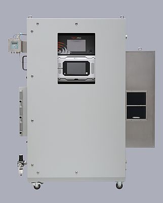 Front view of the cabinet with viewing window for analysis equipment.