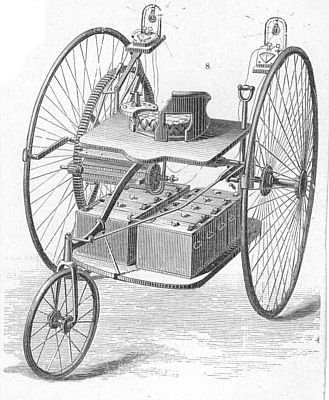 Die einzigen existierenden Original  Kupferstiche aus dem Jahre 1881 zeigen  den Aufbau des Elektromobils von Ayrton & Perry.