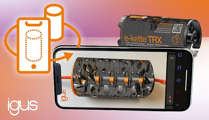 Per Augmented Reality können Kunden einen Röntgenblick ins Innere von Produkten und deren Mechanik werfen. Ein Beispiel hierfür: die Energiekette der Serie triflex TRX. (Quelle: igus GmbH)