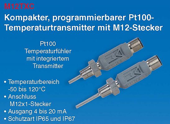 Kompakter und programmierbarer Pt100-Temperaturtransmitter mit M12-Stecker