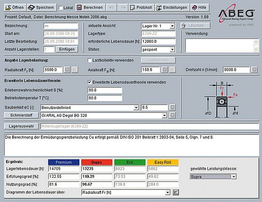Mit dem Online-Tool ABEG-Quickfinder professional ist die Berechnung von Maschinenelementen möglich, z. B. Wellendimensionierung, Wälzlagerauslegung nach erweiterter Lebensdauertheorie oder Zahnradberechungen.