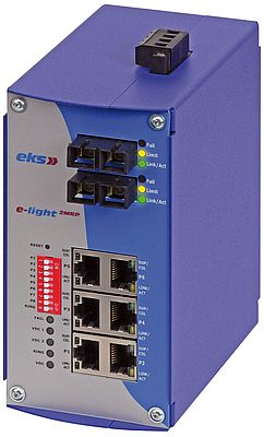 Der managed Fast-Ethernet-Switch e-light 2 MRP, der auch mit optischen Anschlüssen für HCS-Fasern angeboten wird, überwacht mit dem integrierten Monitoring-System „Fiber View“ permanent den Zustand der einzelnen Lichtwellenleiterstrecken.