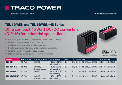 TEL15(WI)N ve TEL15(WI)N-HS Serisi Ultra kompakt 15Watt DC/DC dönüştürücüler (DIP-16)