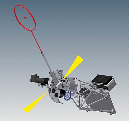 The badminton racquet and the hand that can turn through two axes move horizontally backwards and forwards on the carriage. The axes determine the hitting strength and the direction and are equipped with small shock absorbers and TUBUS profile dampers.