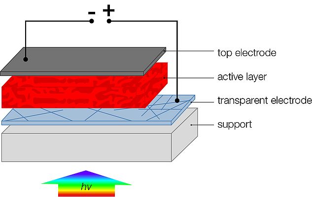 Organic solar cell architecture: The most popular structure is based on a photon-harvesting active layer, sandwiched between two electrodes - one of which must be transparent to allow light to penetrate.