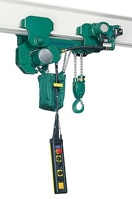 A typical air operated Profi TI hoist with a low headroom trolley for overhead rail mounting in conditions where operating spaces are limited.