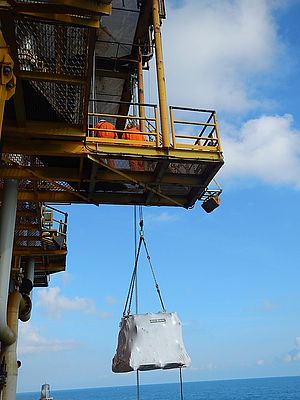 40 metre lift of the replacement diesel engine utilising an air operated hoist.
