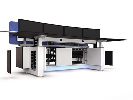 The Focus Desk Model I from BRAND® CONTROL ROOMS enables optimum cable management. The cable conduit is integrated underneath the table top and hides all 230-V sockets and cables. Image: BRAND® CONTROL ROOMS