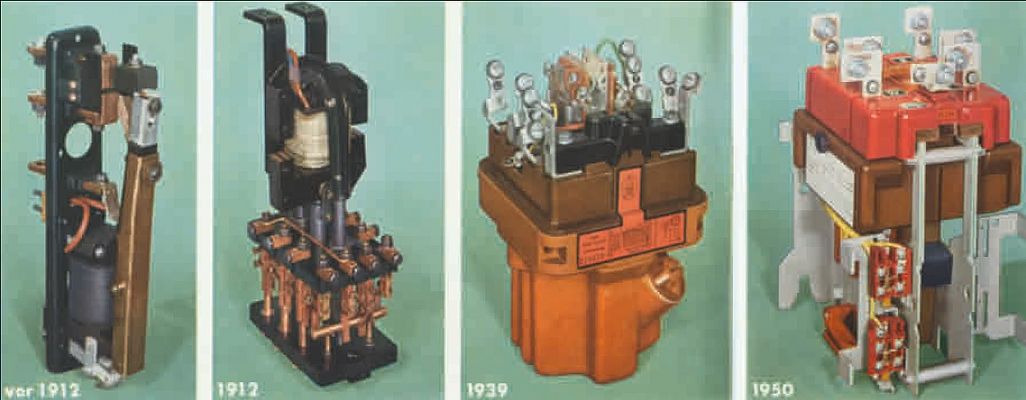 Switchgear history: 1-pole contactor, 3-pole miniature oil contactor, oil-lubricated air contactor, and air contactor with toggle lever drive.