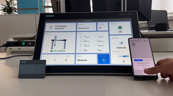 With the Simatic WinCC Unified Air app, users can easily authenticate themselves using biometric features via their mobile device, which is connected to the operating device via Bluetooth