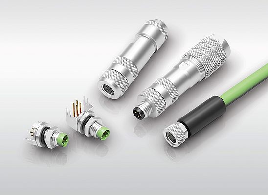Fig. 4: M8 connector with D coding and screw locking for Ethernet connectivity including power supply of Industrial IoT components. The connection meets the requirements of protection degree IP67 when mated and locked (Photo: binder)