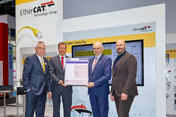UL Solutions Presents Cyber Security Certificate for EtherCAT. From left: Martin Rostan, ETG, Torsten Förder, Beckhoff Automation, Alexander W. Koehler, UL Solutions, Sebastian Krug, UL GmbH. Picture: EtherCAT Technology Group