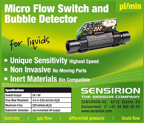 Micro flow switch and bubble detector for liquids