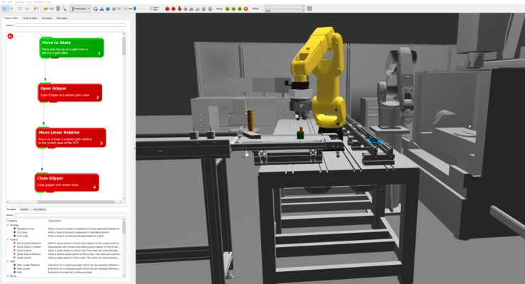 Programs can be structured and made traceable using pre-defined function blocks. Before commissioning, the process can be simulated as realistically as possible in a 3D simulation environment and tested
