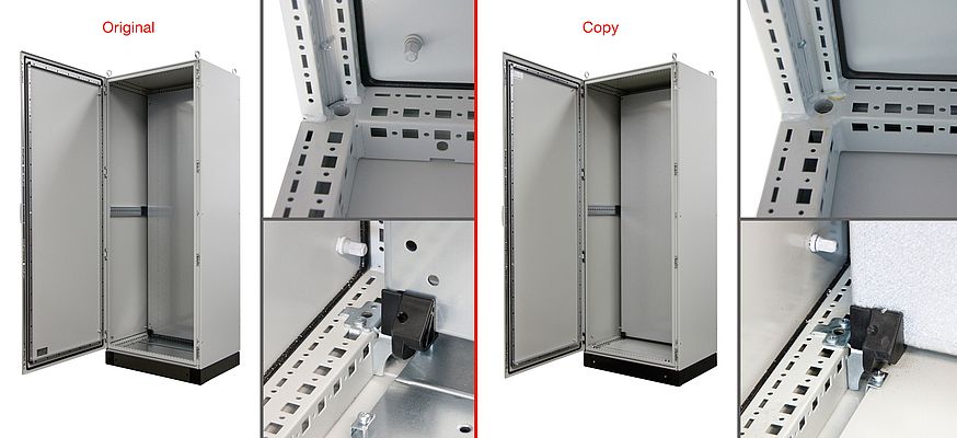 The Rittal TS 8 enclosure has lately been copied by a Chinese company, that was awarded with the negative prize “Plagiarius”. In the fake "TS 8", the design and technology have been copied one-to-one, but the workmanship is far inferior in parts.