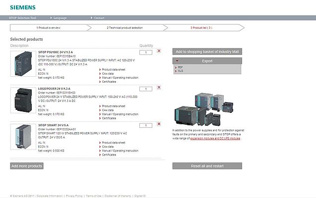 The result is a product list, which can either be exported as PDF or XLS file or be transferred directly to the shopping basket of the Siemens Industry Mall (for registered users)