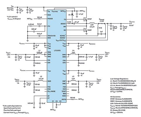 Figure 2. An LTC3372 converter with the LV regulators set up for the ABC-D-EF-GH configuration. Its block diagram is shown in Figure 1.