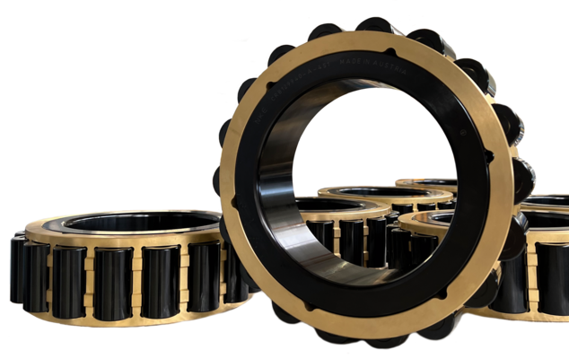 Cylindrical roller bearings with black oxide finish from NKE. Bearings used in wind turbine gearboxes are commonly coated with black oxide as protective layer.