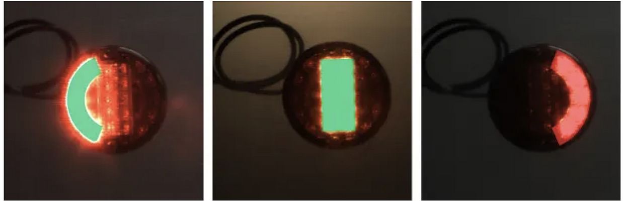 Activated multi-chamber lamps on the test bench: Left light OK, centre light OK, right light NOK. Picture: IDS