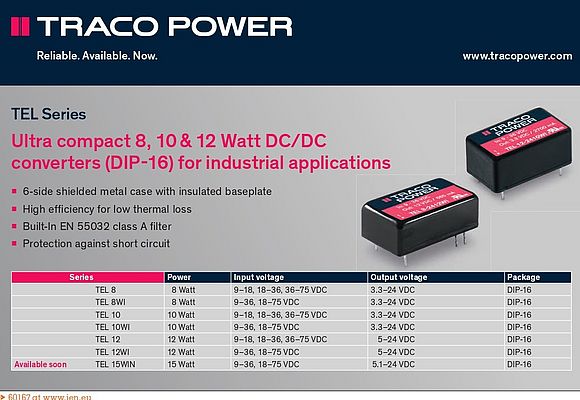Traco Power's TEL Series of 8, 10 & 12 Watt DC/DC Converters