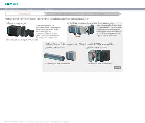 Home page of the Siemens Sitop Selection Tool for the quick selection and ordering of DC-UPS components. A choice of battery or capacitor can be made for the type of buffering.