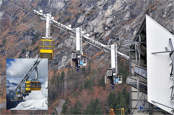 The supply cable cars transport payloads of up to 48,355 kg and meet the 1.30 m "small" ACE and Bibus shock absorbers in the valley station.
