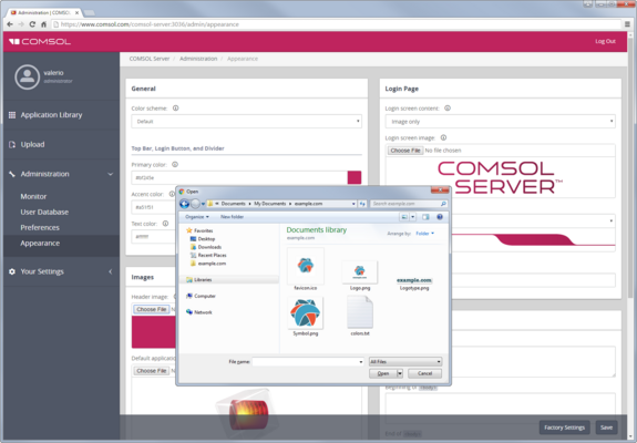 Gli amministratori possono personalizzare lo stile grafico dell’interfaccia web di COMSOL Server™. Colori, loghi e schermata di accesso possono essere personalizzati ed è possibile aggiungere un codice HTML per valorizzare l’immagine del brand