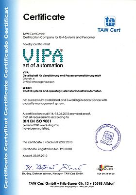 Certificazione DIN EN ISO 9001 per VIPA GmbH