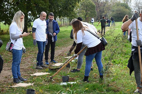 I dipendenti di RS Italia intenti a piantare alcune delle 300 piante donate al Parco Nord