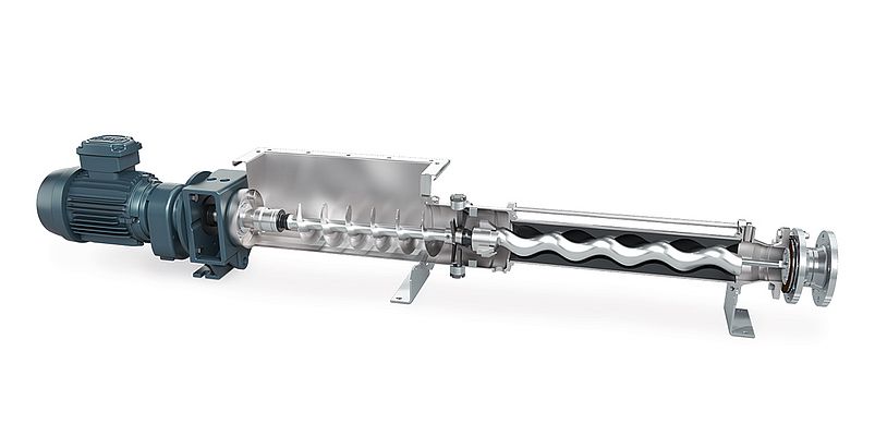 The NEMO® BO/SO progressing cavity pump is equipped with a hopper and a coupling rod with feeding screw and force-feed chamber.