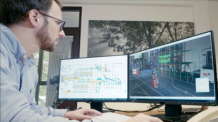 Material flow simulations from ek robotics provide realistic 3D models of planned systems and enable the determination of the optimal number of vehicles and future transport volumes. Picture: ek robotics GmbH