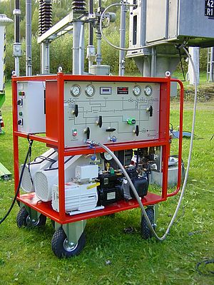 Portable recovery systems, consisting of one or several vacuum pumps, a filter and a HAUG Sauer compressor, are used during maintenance of GIS