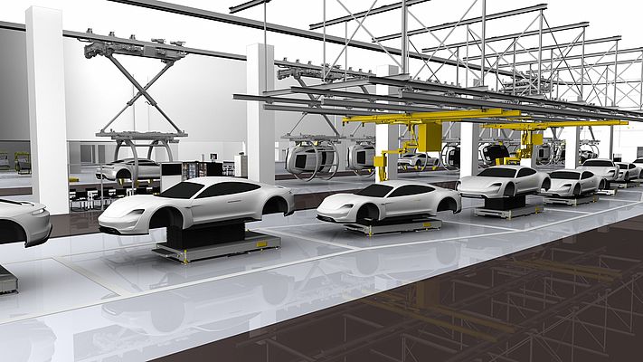 Pour la fabrication du véhicule électrique Taycan, Porsche utilise pour la première fois des AGV dans sa chaine de production en continu.