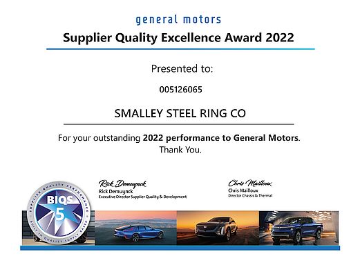 Smalley reçoit le prix d'excellence qualité fournisseur 2022 de General Motors