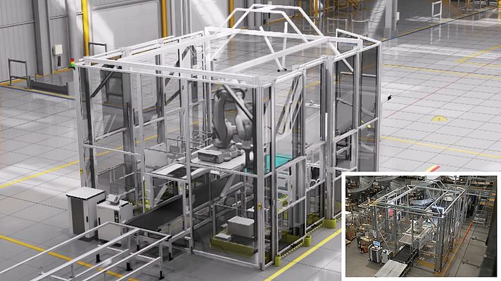Nouveau ABB Robotics RobotStudio® HyperReality comparé à une image réelle de la même cellule robotisée en usine