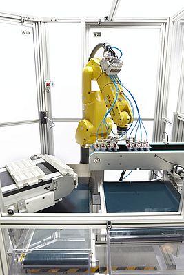 Les robots Fanuc 200 LR MATE 200 IC permettent la récupération des blisters directement en amont.
