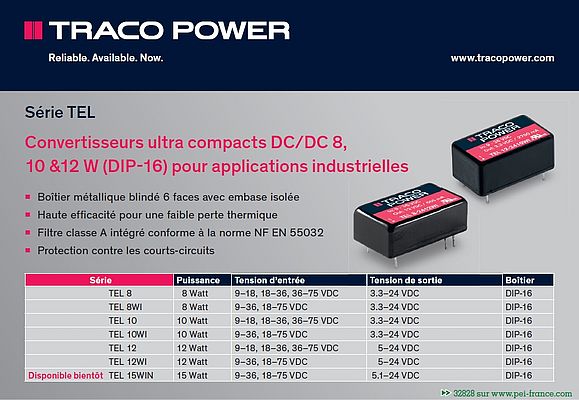 Convertisseurs ultra compacts DC/DC 8, 10 &12 W (DIP 16) de Traco